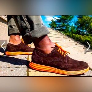 Cole Haan Lunargrand Wingtip Brown Suede Orange Mens 8.5 8 1/2